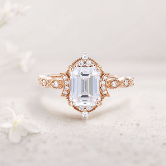 Vintage Emerald Moissanite Engagement Ring Whimsical Charm Bridal Ring