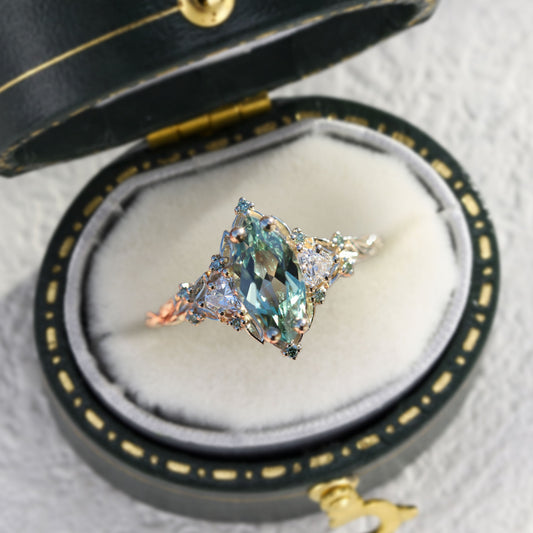 Unique floral engagement rings Rose Three Stone Marquise Green Lab Sapphire and Moissanite Ring