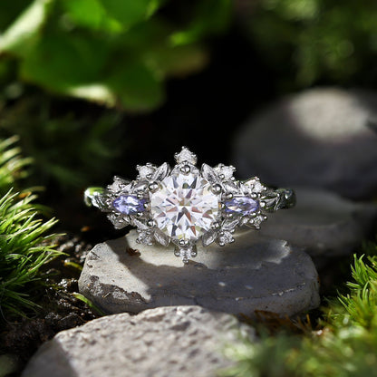 Unique Briar Rose Three Stone Round Moissanite Ring