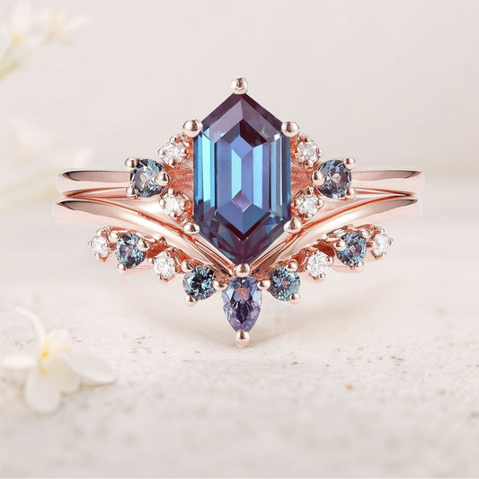 Unique Cluster Hexagon Cut Lab Alexandrite Seven Stone Gemstone Ring Set