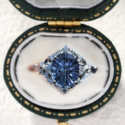 Unique Briar Rose Three Stone Starbrite Cut Oval Lab Sapphire Ring