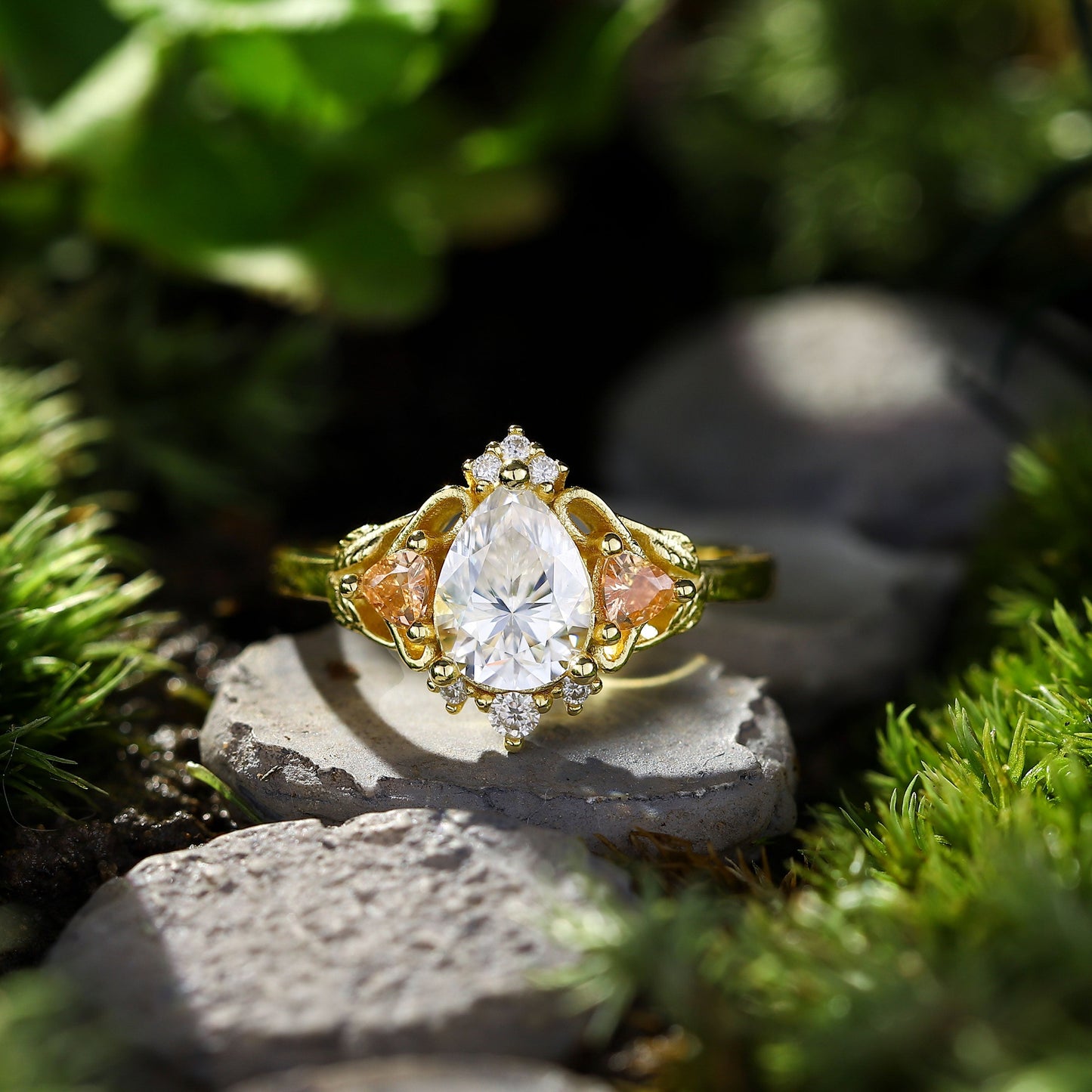 Unique Pear Moissanite Leaf Ring Engagement Ring