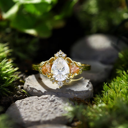 Unique Pear Moissanite Leaf Ring Engagement Ring