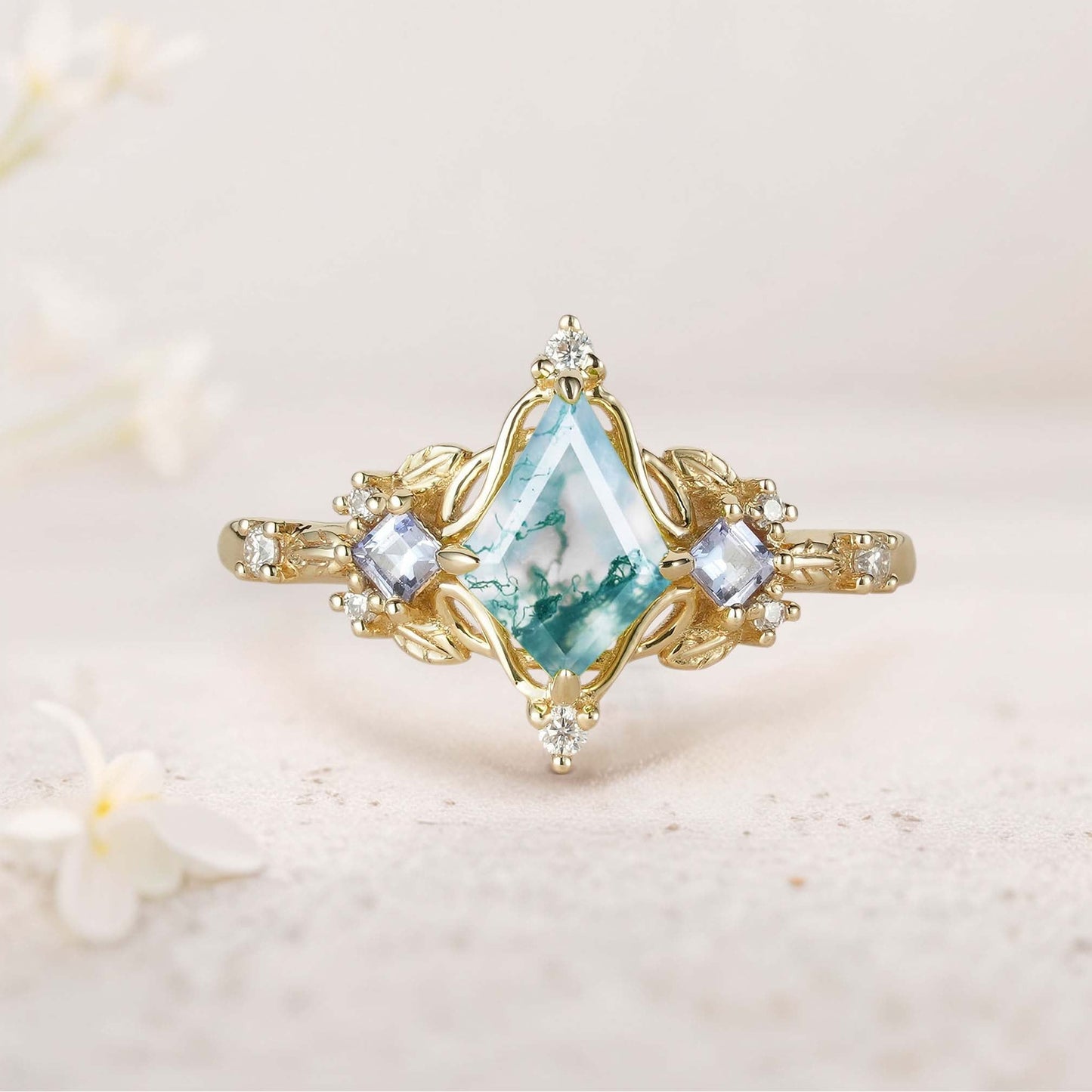 Unique Kite Three Stone Moss Agate Leaf Ring