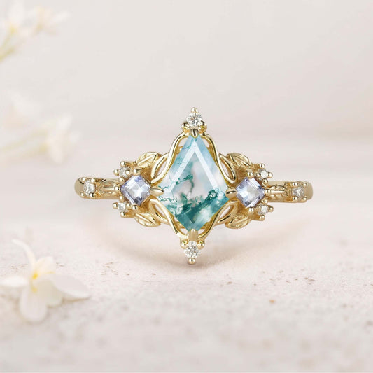 Unique Kite Three Stone Moss Agate Leaf Ring
