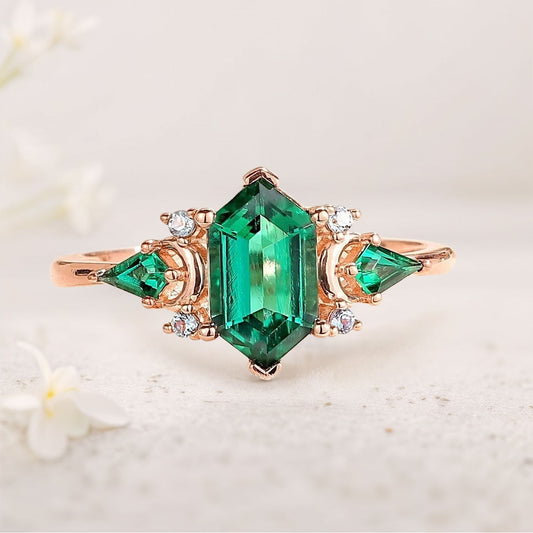Vintage Hexagon Cut Lab Emerald Engagement Ring Unique Kite Cut Moon Design Promise Ring Gift for Women