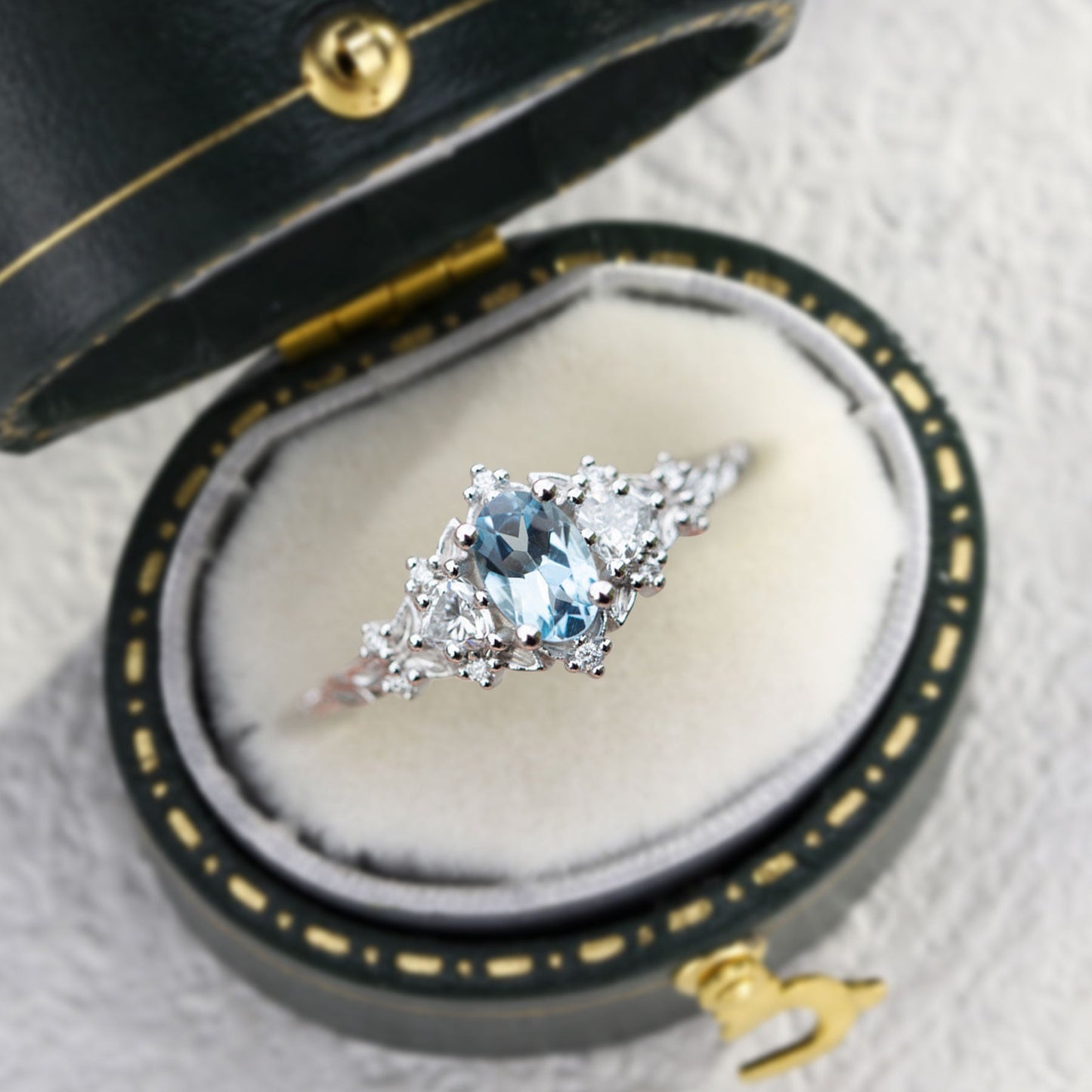 Unique Briar Rose Three Stone Oval Lab Aquamarine Ring