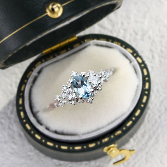 Unique Briar Rose Three Stone Oval Lab Aquamarine Ring
