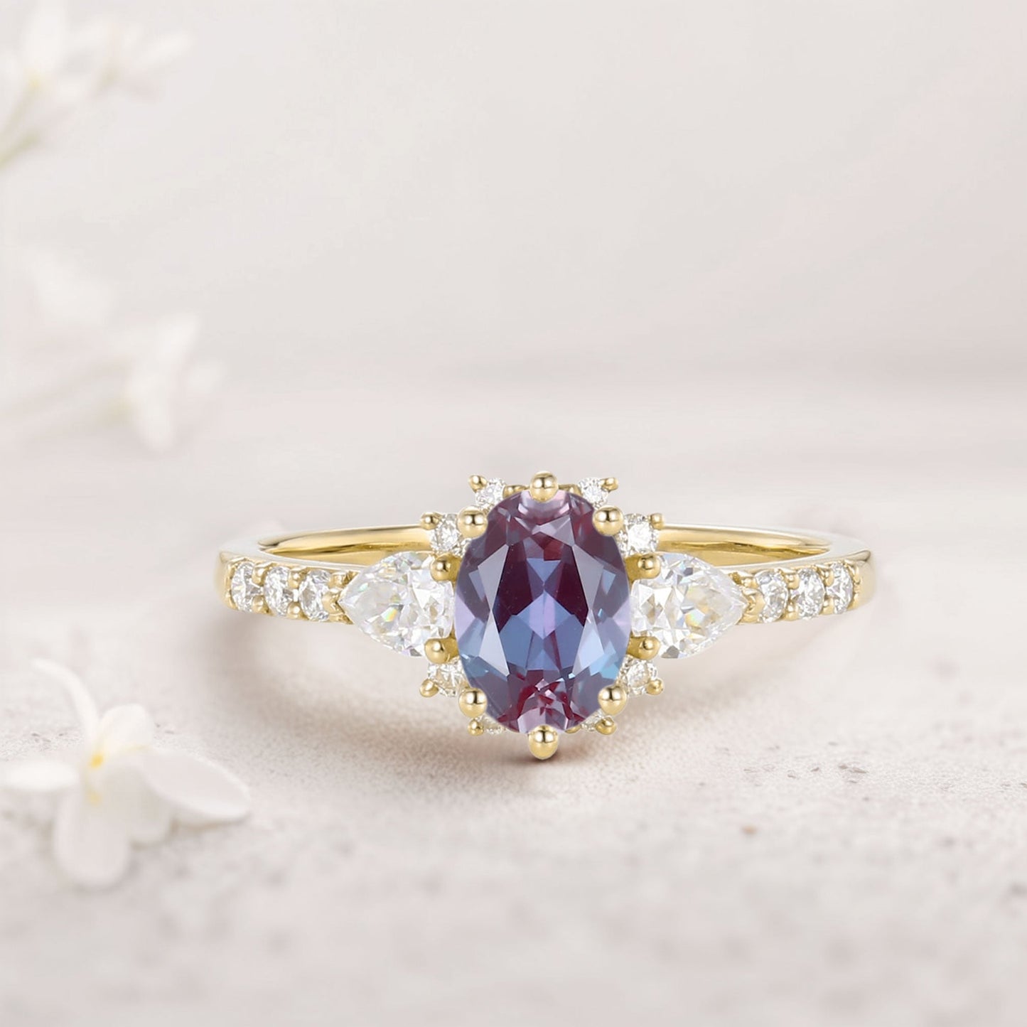 Unique Halo Oval Lab Alexandrite Engagement Ring Bridal Ring