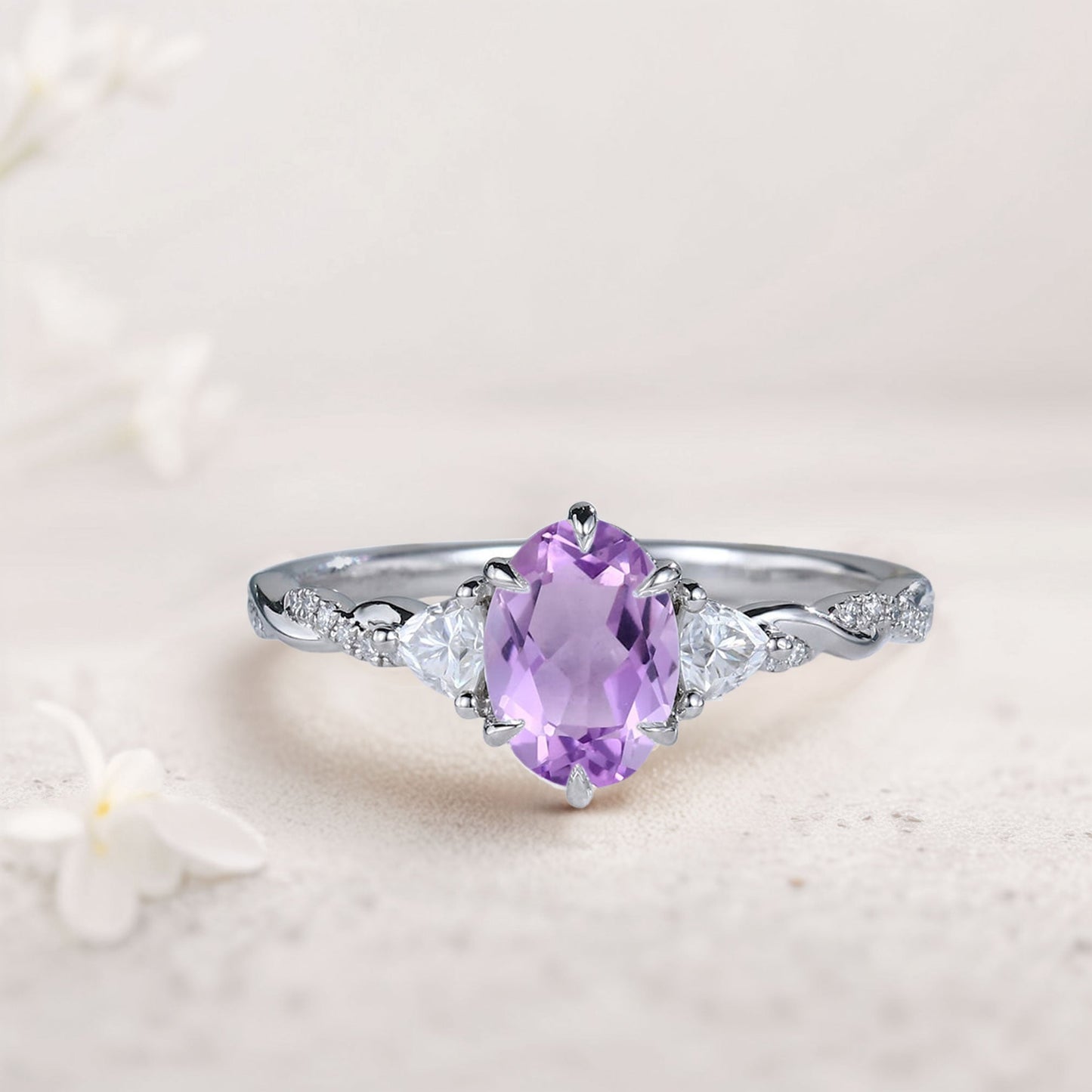 Unique Three Stone Oval Amethyst Ring  Engagement Ring
