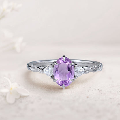 Unique Three Stone Oval Amethyst Ring  Engagement Ring