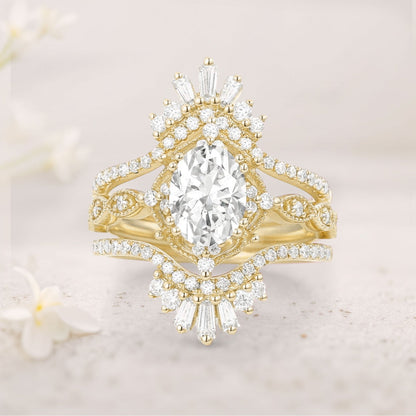 Vintage floral engagement rings Oval Moissanite Cage Flower Ring Set Bridal Ring Set