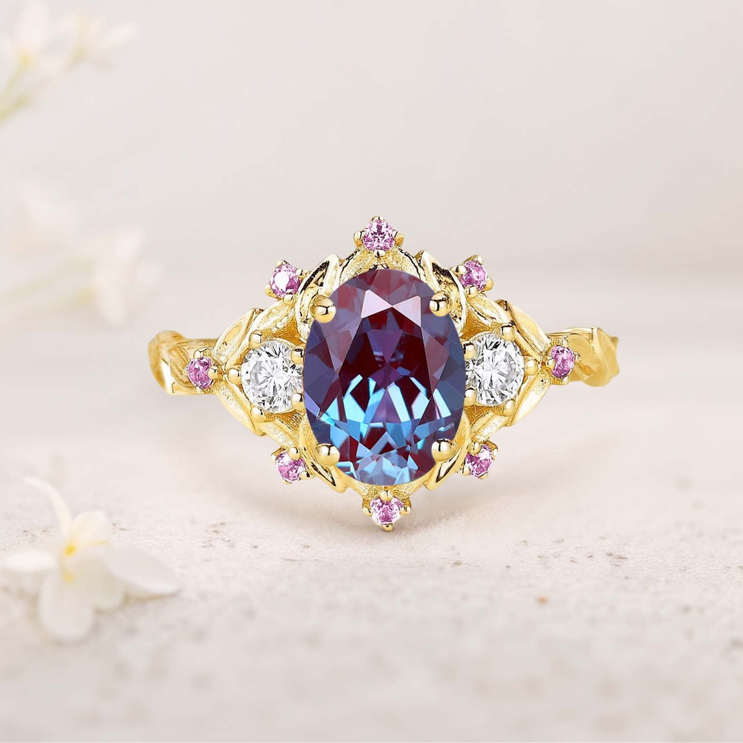 Unique Three Stone Oval Lab Alexandrite Flower Engagement Ring Amethyst Cluster Bridal Ring