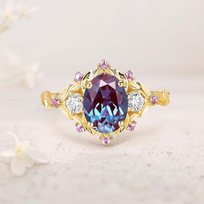 Unique Three Stone Oval Lab Alexandrite Flower Engagement Ring Amethyst Cluster Bridal Ring