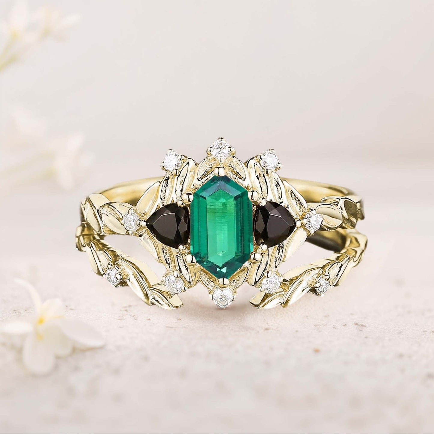 Unique Long Hexagon Lab Emerald Leaf Engagement Ring Wedding Ring Set