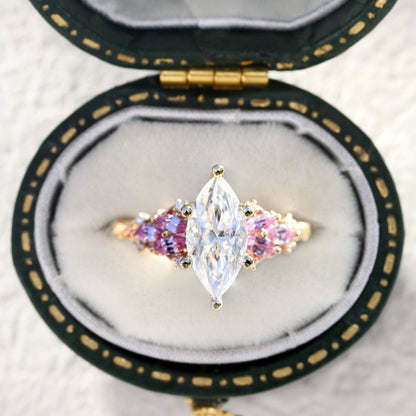 Unique Enchanted Garden Marquise Moissanite and Pink Sapphire Ring