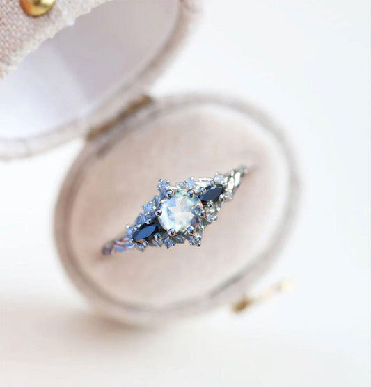 Unique Briar Rose Round Lab Moonstone and Black Moissanite Ring