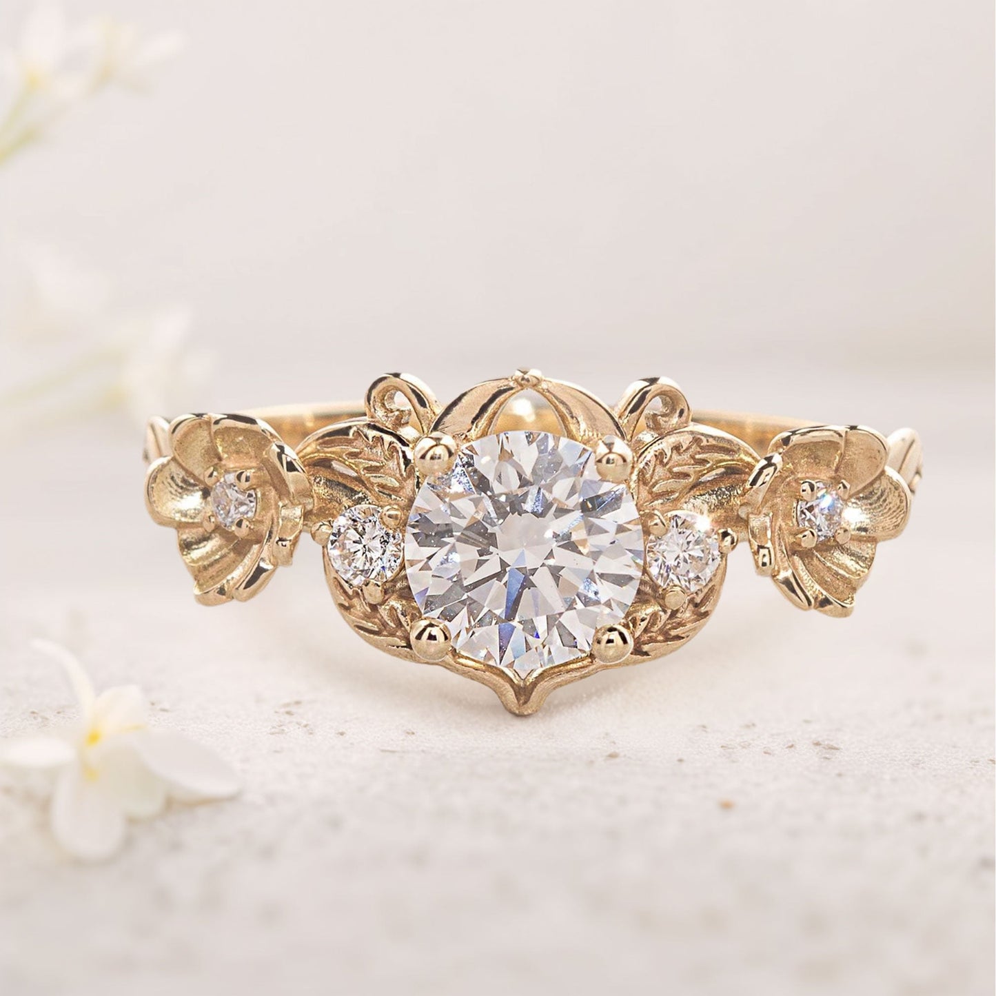 Unique flower Round Moissanite Engagement Ring