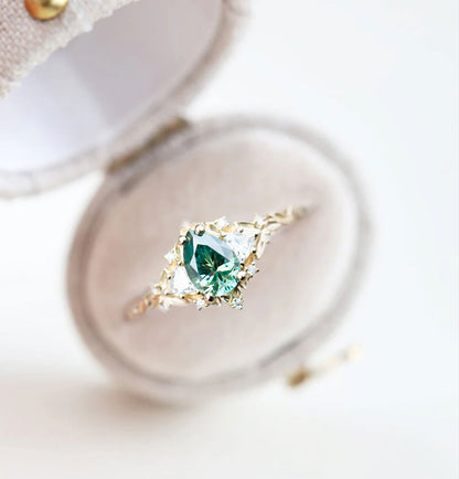 Unique Celeste Rose Three Stone Pear Teal Moissanite Ring
