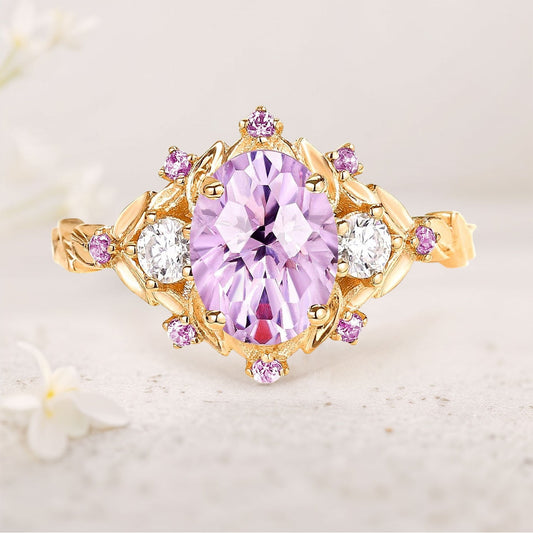 Unique Natural Firework Cut Amethyst Leaf Engagement Ring Dainty Amethyst Flower Cluster Wedding Ring Promise Ring For Her