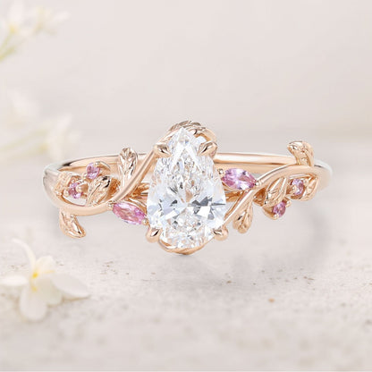Unique floral engagement rings Pear Moissanite and Pink Lab Sapphire Ring