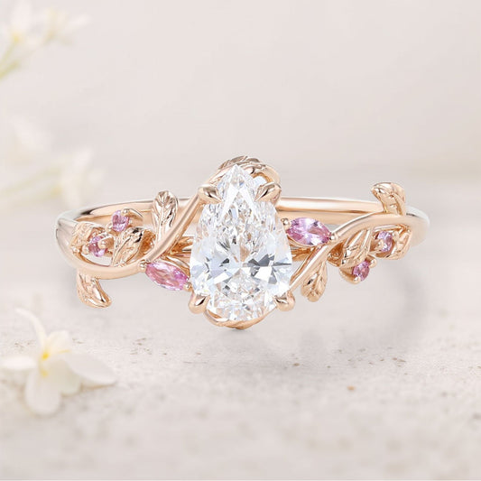 Unique floral engagement rings Pear Moissanite and Pink Lab Sapphire Ring