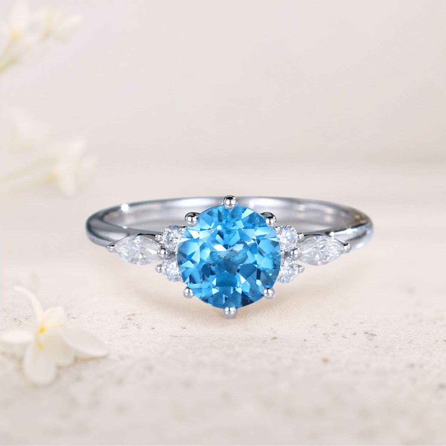 Unique Round Blue Lab Topaz Engagement Rings Cluster Promise Ring