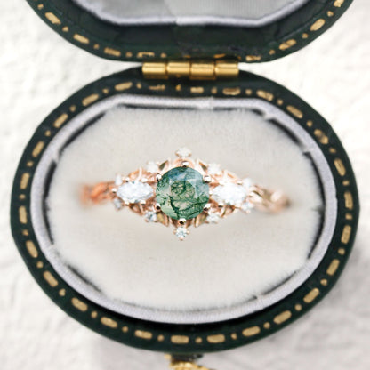 Unique Briar Rose Round Moss Agate and Moissanite Ring