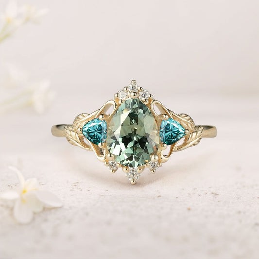 Unique Pear Green Lab Sapphire and Tear Moissanite Leaf Ring Engagement Ring