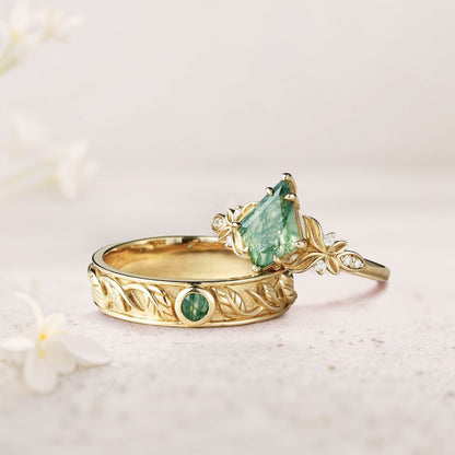 Unique Kite Moss agate Promise Engagement Ring Wedding  Ring Set For Couples