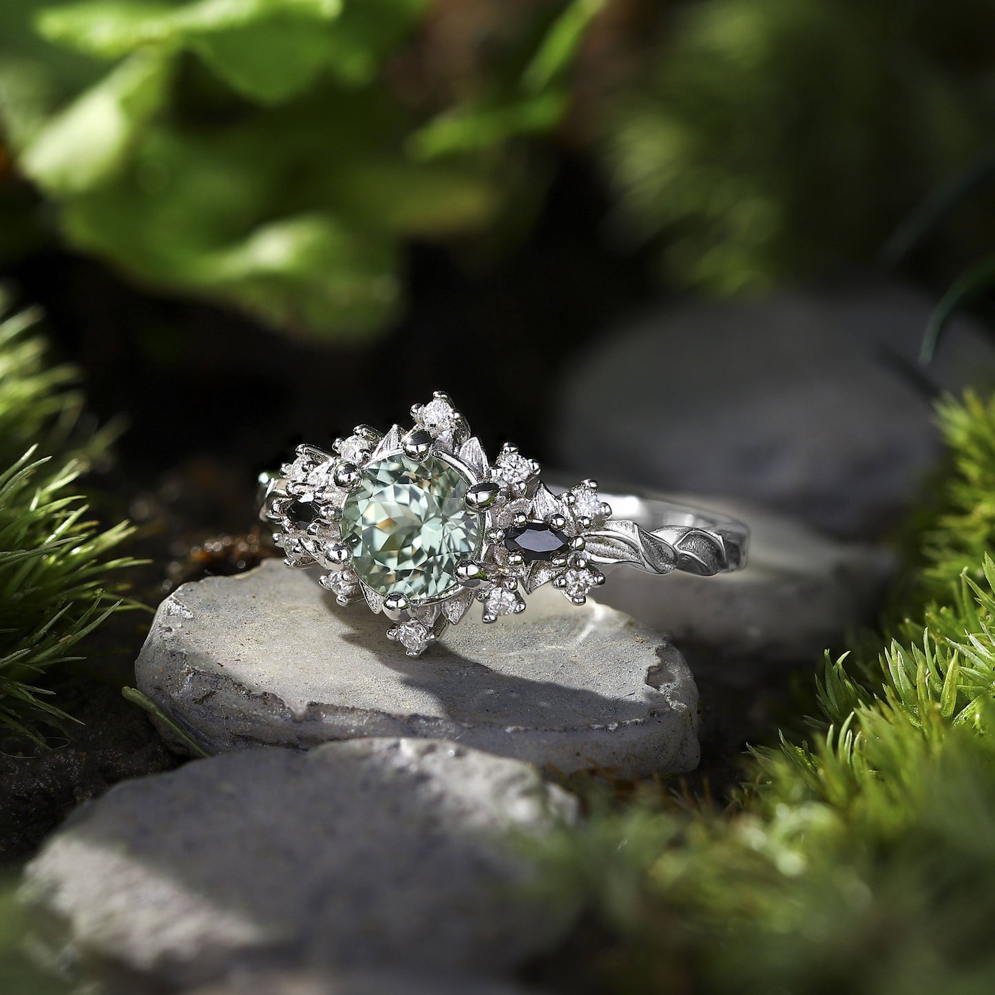 Unique Briar Rose Round Green Lab Sapphire and Black Moissanite Ring