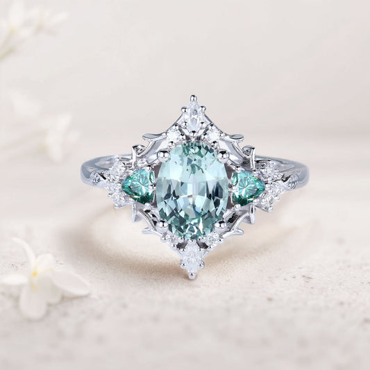 Vintage Briar Rose Oval Green Lab Sapphire and Teal Moissanite Engagement Ring Filigree Ring