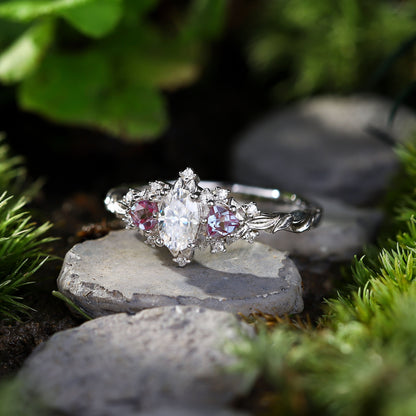 Unique Briar Rose Three Stone Oval Moissanite and Lab Alexandrite Wedding Ring