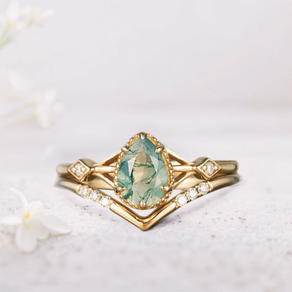 Unique Pear Moss Agate Bridal Ring Set