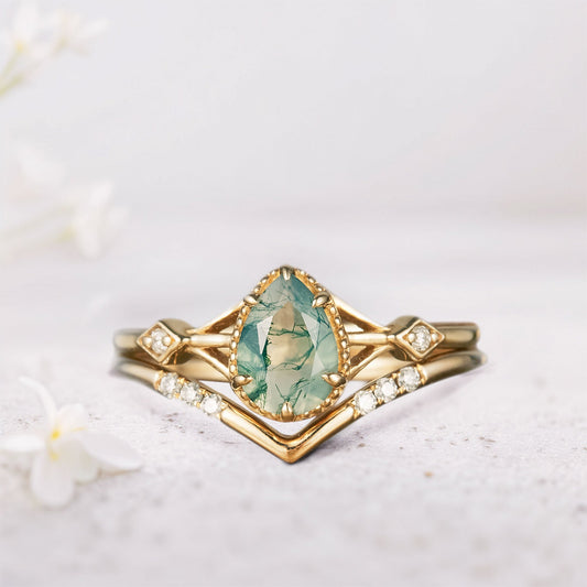 Unique Pear Moss Agate Bridal Ring Set