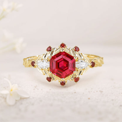 Unique Hexagon Lab Ruby Flower Engagement Ring Halo Leaf Wedding Ring For Women