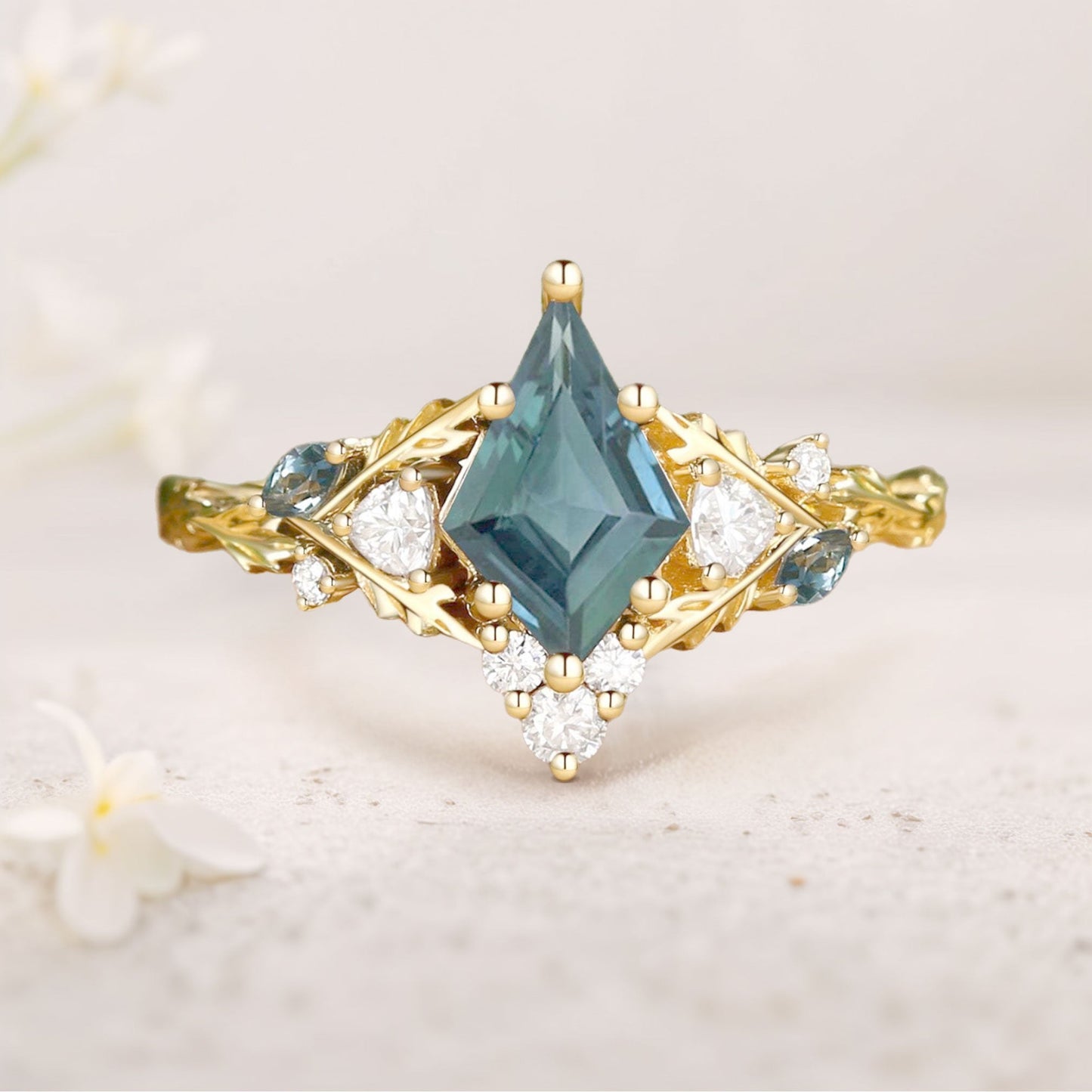 Unique floral engagement rings Kite Green Lab Sapphire Oak Leaf Engagement Ring