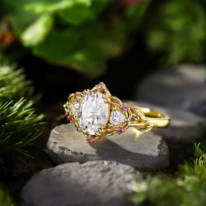 Unique Three Stone Oval Moissanite with Amethyst Engagement Ring For Women