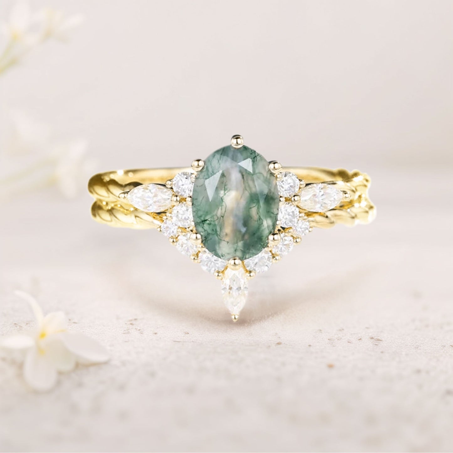 Vintage Oval Moss Agate Twisted Engagement Ring With Curved Wedding Ring Set