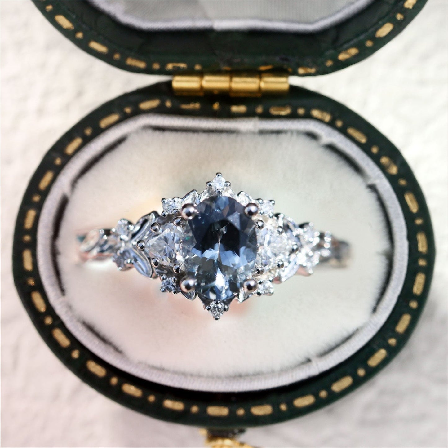 Unique Briar Rose Three Stone Oval grey spinel and Moissanite Ring