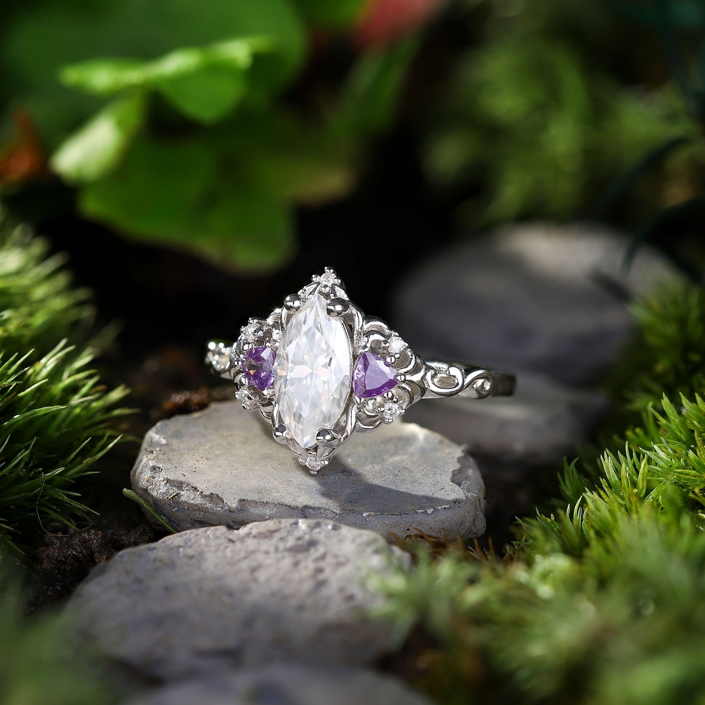 Unique Aurora Three Stone Marquise Moissanite and Tanzanite Ring