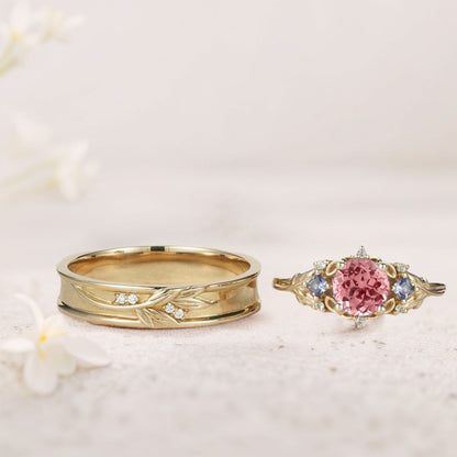 Unique Round Lab Padparadscha Promise Ring Engagement Ring Set for Couples