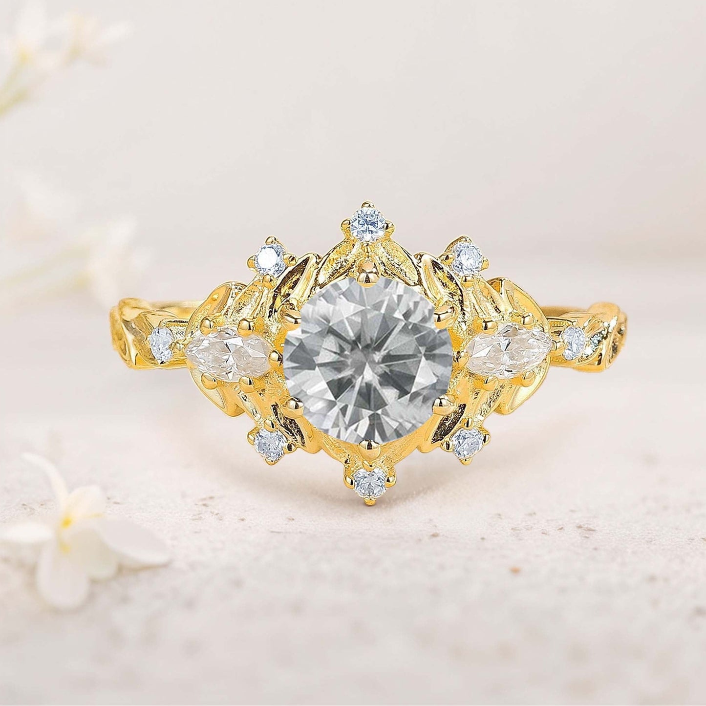 Unique floral engagement rings Round Citrine Flower Engagement Ring Art Deco Leaf Wedding Ring