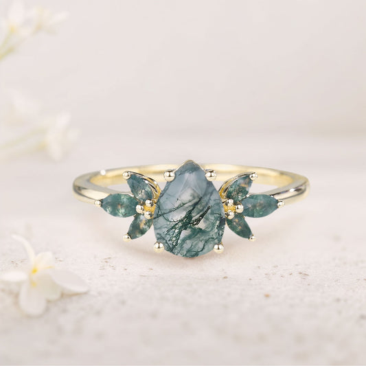 Unique Pear Moss Agate Ring Petal Side Stones Engagement Ring
