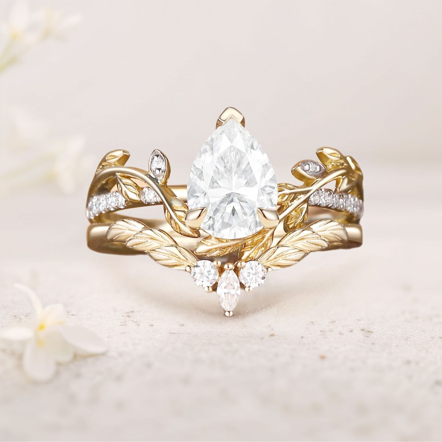 Unique floral engagement rings Pear Moissanite Nature Inspired Leafy Bridal Set