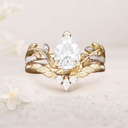 Unique floral engagement rings Pear Moissanite Nature Inspired Leafy Bridal Set