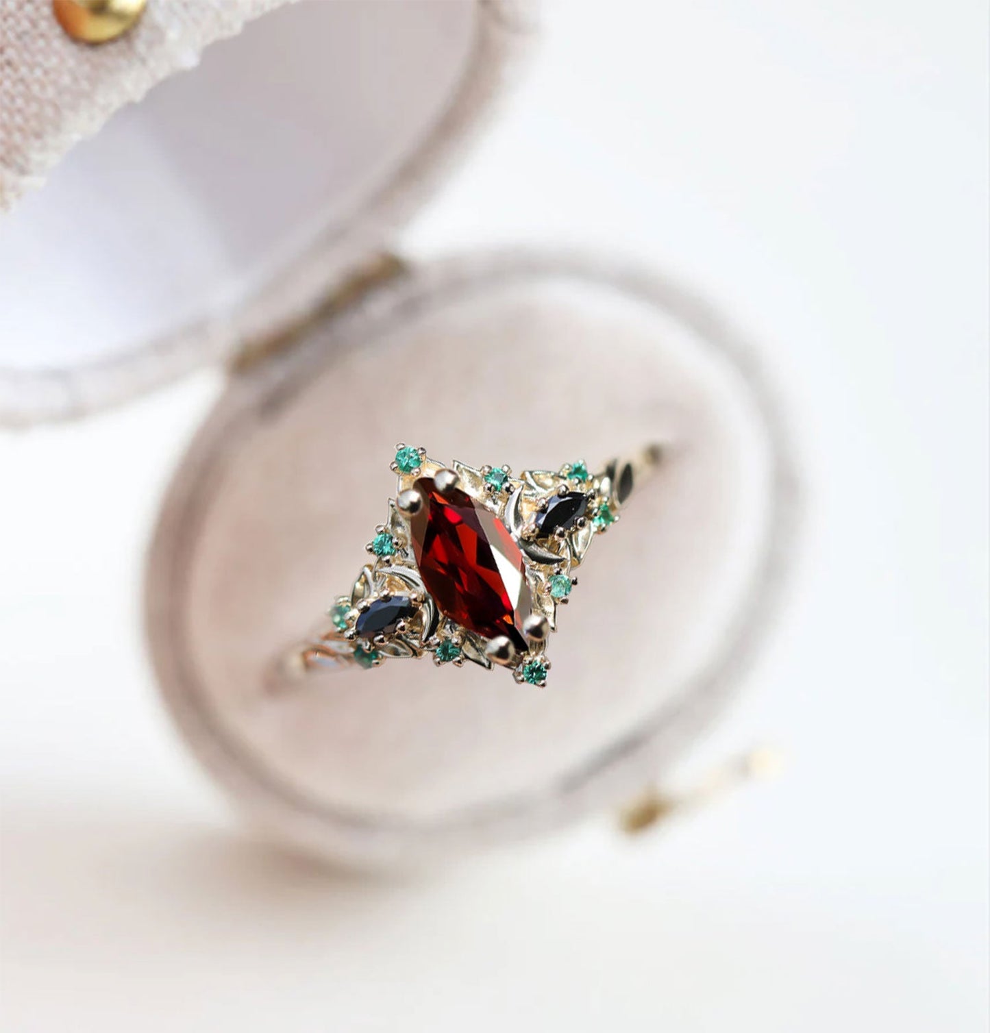 Unique Briar Moon Three Stone Marquise Garnet and Lab Emerald Ring