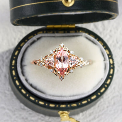 Unique Briar Rose Three Stone Marquise Lab Padparadscha Ring
