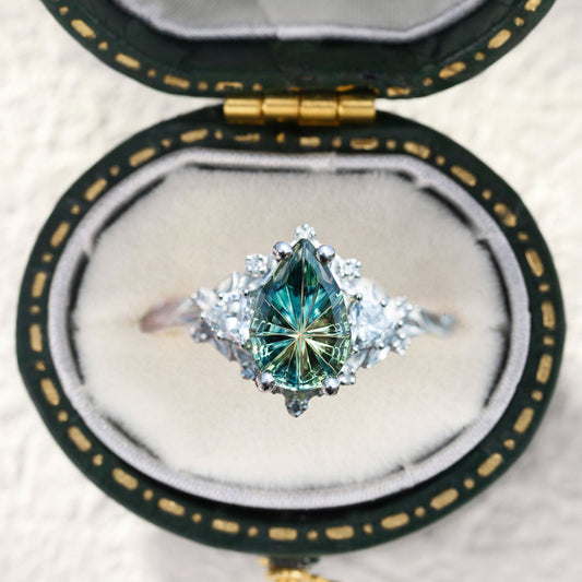 Unique Briar Rose Starbrite Cut Pear Green Lab Sapphire Ring