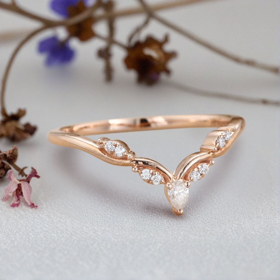 Unique Pear Moissanite Wedding Band Leaf Moissanite Engagement Ring